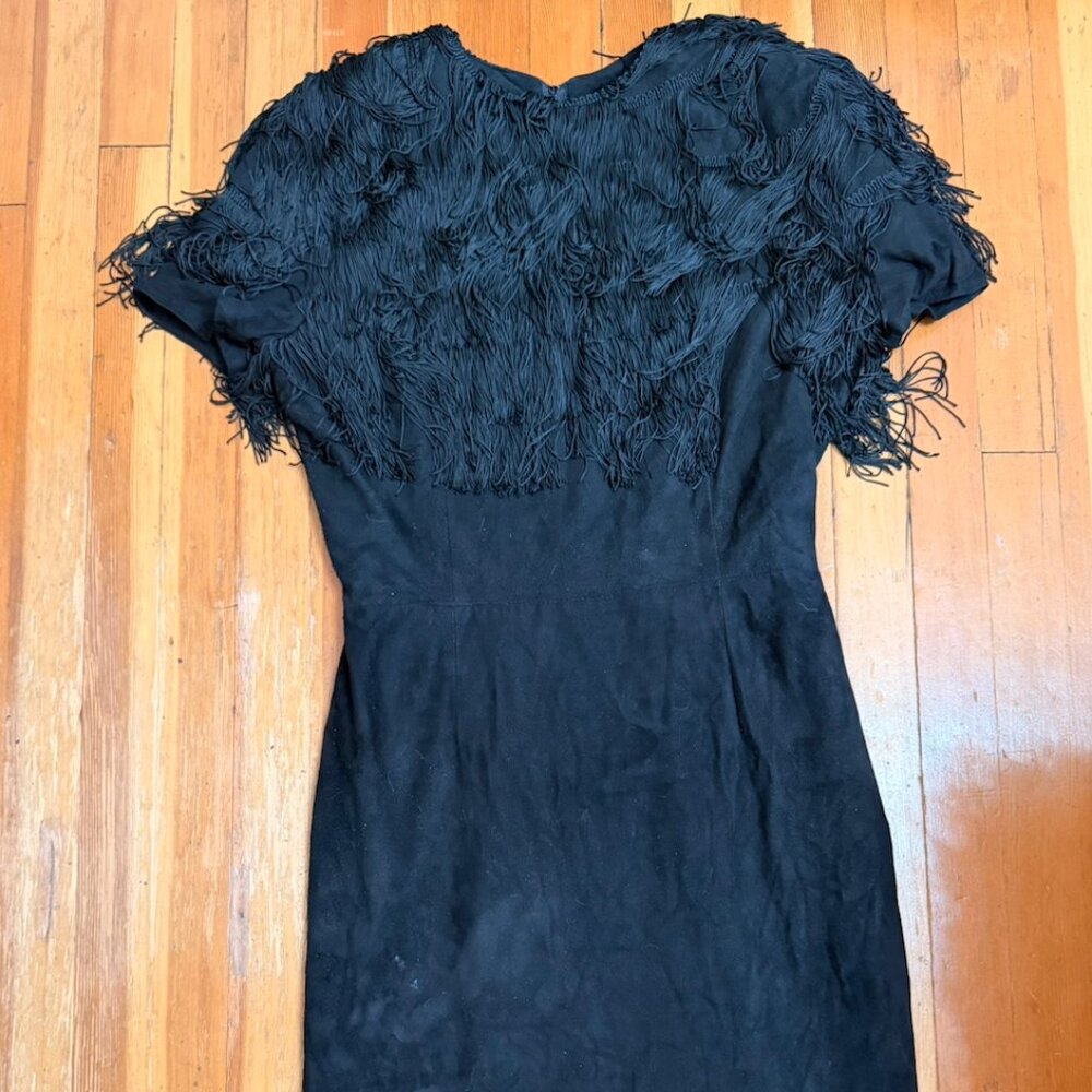 1980s Vintage Vakko Black Fringe Dress Size 8 Roughly a Women's Medium